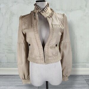 3J Workshop Johnny Was Balloon Sleeve Leather Jacket Size S Beige Ruffle Collar